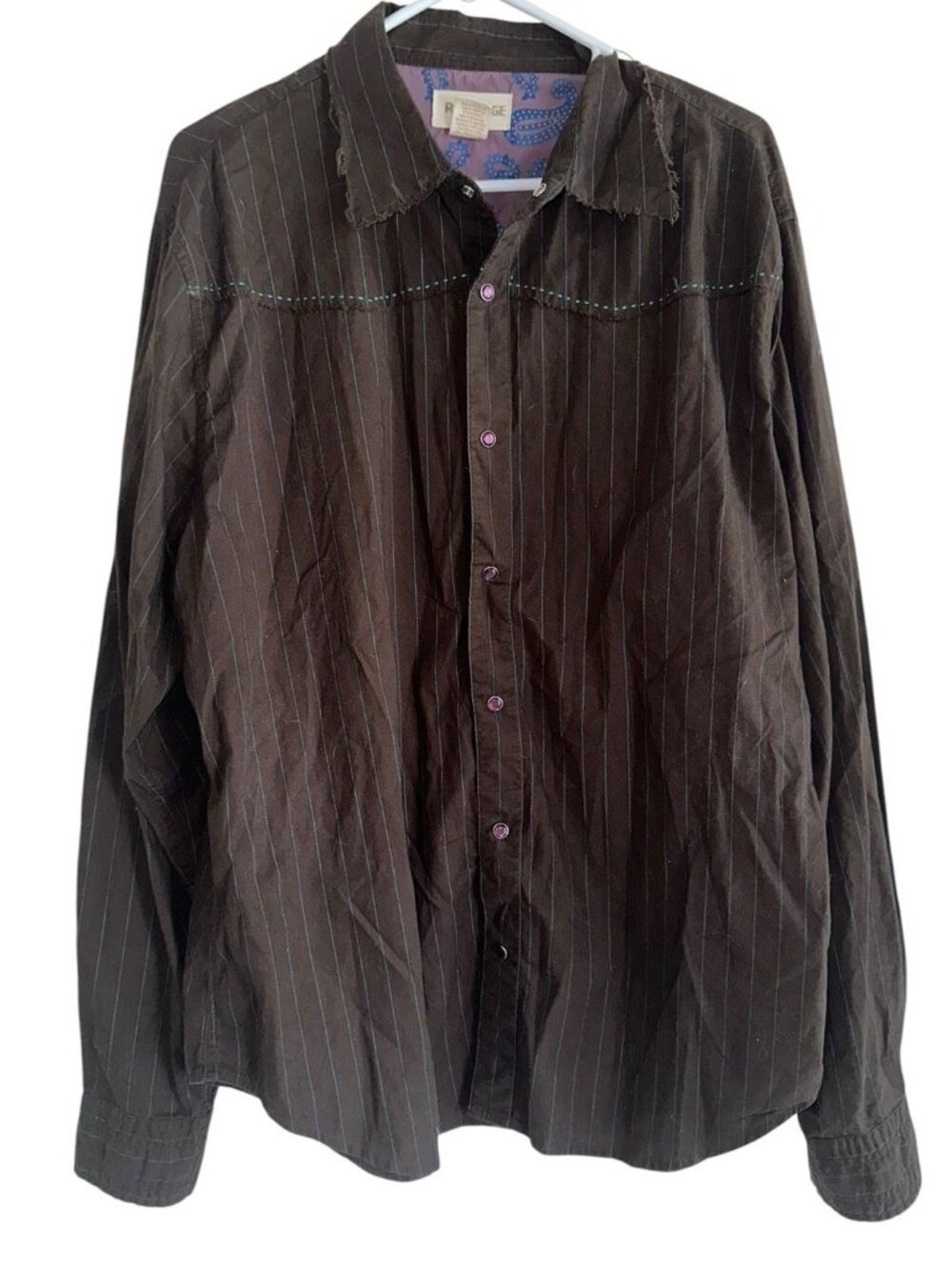 R-Vintage Men’s Long Sleeve Pearl Snap Shirt Sz XL Brown Western Cowboy Distress